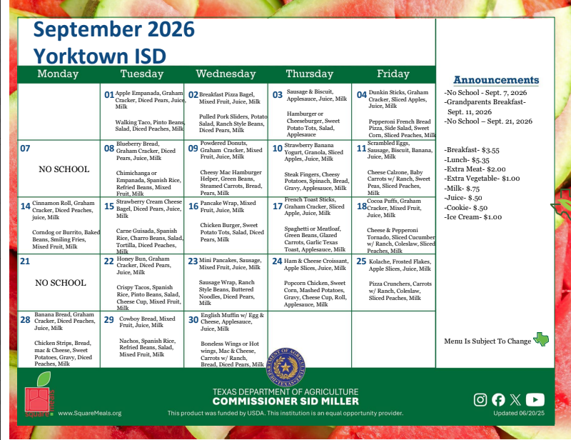 Sept 2026 Menu